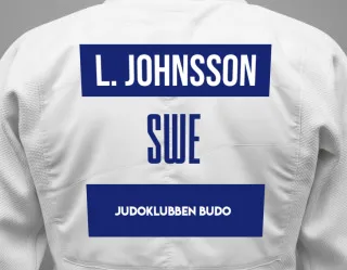 Judo GI with a backnumber showing the name Lukas Johnsson from Judoklubben Budo
