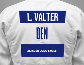 Judo GI with a backnumber showing the name Lukas Llamo Valter from Amager Judo Skole