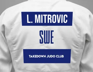 Judo GI with a backnumber showing the name Lukas Mitrovic from TakeDown Judo Club