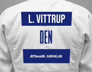 Judo GI with a backnumber showing the name Lukas Vittrup from Jetsmark Judoklub