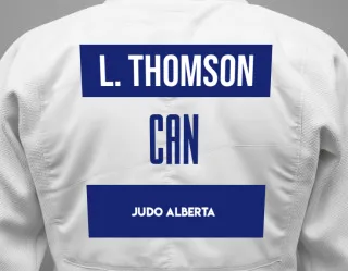 Judo GI with a backnumber showing the name Luke Thomson from Judo Alberta