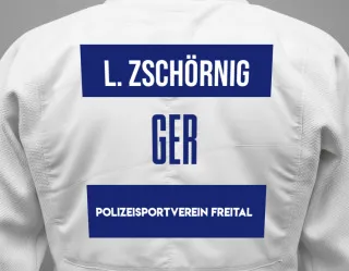 Judo GI with a backnumber showing the name Luna-Cheyenne Zschörnig from Polizeisportverein Freital