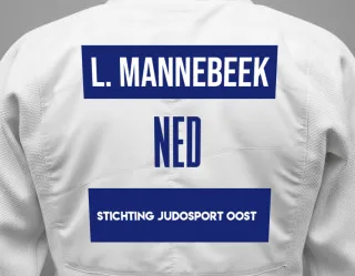 Judo GI with a backnumber showing the name Luuk Mannebeek from Stichting Judosport Oost