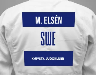 Judo GI with a backnumber showing the name Måns Bouveng Elsén from Knivsta Judoklubb