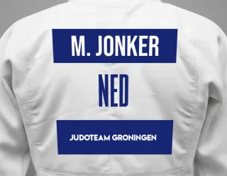 Judo GI with a backnumber showing the name Maarten Jonker from Judoteam Groningen