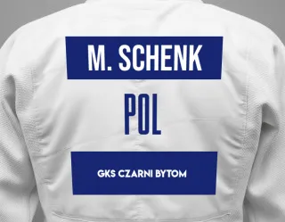 Judo GI with a backnumber showing the name Magdalena Schenk from GKS Czarni Bytom