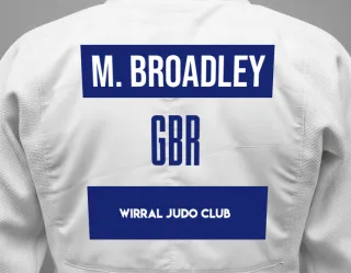 Judo GI with a backnumber showing the name Maisie Broadley from Wirral Judo Club