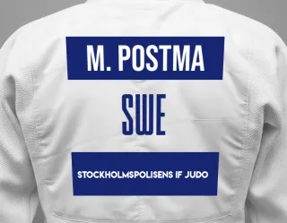 Judo GI with a backnumber showing the name Maj Li Postma from Stockholmspolisens IF Judo