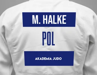 Judo GI with a backnumber showing the name Maja Halke from Akademia Judo