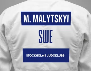 Judo GI with a backnumber showing the name Makar Malytskyi from Stockholms Judoklubb
