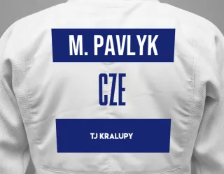 Judo GI with a backnumber showing the name Makar Pavlyk from TJ Kralupy