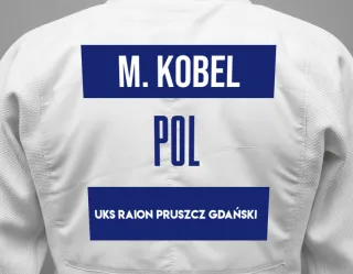 Judo GI with a backnumber showing the name Maksym Kobel from UKS Raion Pruszcz Gdański