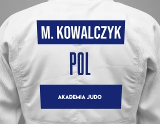 Judo GI with a backnumber showing the name Maksymilian Kowalczyk from Akademia Judo