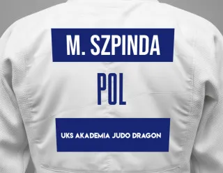 Judo GI with a backnumber showing the name Maksymilian Szpinda from UKS Akademia Judo Dragon