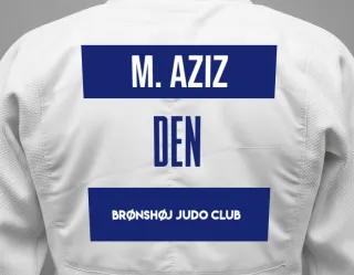 Judo GI with a backnumber showing the name Malaeka Aziz from Brønshøj Judo Club