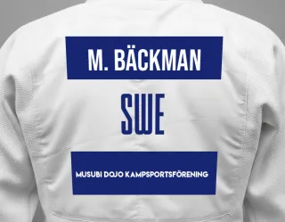 Judo GI with a backnumber showing the name Malte Bäckman from Musubi Dojo Kampsportsförening