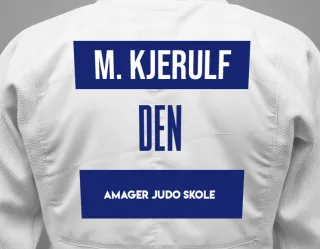 Judo GI with a backnumber showing the name Malthe Cleemann Kjerulf from Amager Judo Skole
