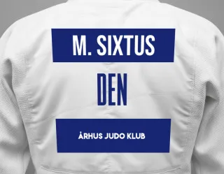 Judo GI with a backnumber showing the name Malthe Sixtus from Århus Judo Klub