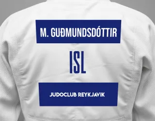 Judo GI with a backnumber showing the name María Guðmundsdóttir from Judoclub Reykjavik