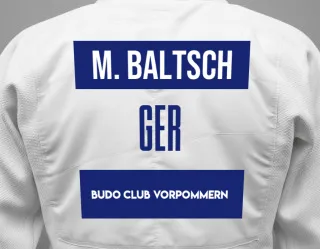 Judo GI with a backnumber showing the name Marc Baltsch from Budo Club Vorpommern