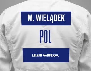 Judo GI with a backnumber showing the name Marcin Wielądek from Lemur Warszawa