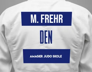 Judo GI with a backnumber showing the name Marcus Frehr from Amager Judo Skole