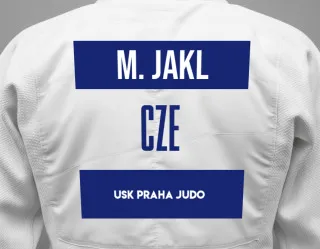Judo GI with a backnumber showing the name Marek Jakl from USK Praha Judo
