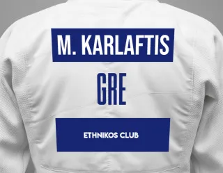 Judo GI with a backnumber showing the name Maria Karlaftis from Ethnikos Club