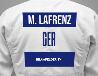 Judo GI with a backnumber showing the name Maria Lafrenz from Bramfelder SV