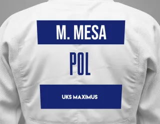 Judo GI with a backnumber showing the name Maria Maguercia Mesa from UKS MAXIMUS