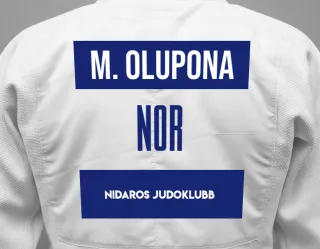 Judo GI with a backnumber showing the name Maria Olamirin Olupona from Nidaros judoklubb