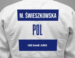 Judo GI with a backnumber showing the name Maria świeszkowska from UKS Same Judo