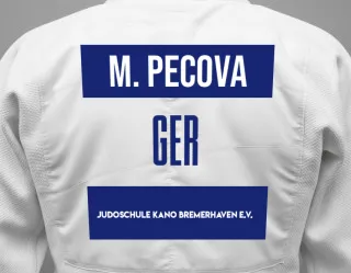 Judo GI with a backnumber showing the name Mariam Pecova from Judoschule Kano Bremerhaven e.V.