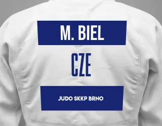 Judo GI with a backnumber showing the name Marian Biel from Judo Skkp Brno