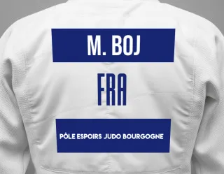 Judo GI with a backnumber showing the name Marie-Lucie Boj from Pôle Espoirs Judo Bourgogne