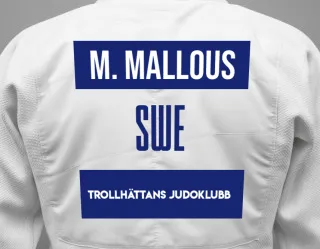 Judo GI with a backnumber showing the name Marina Mallous from Trollhättans Judoklubb
