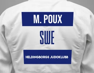Judo GI with a backnumber showing the name Marjorie Poux from Heldingborgs Judoklubb