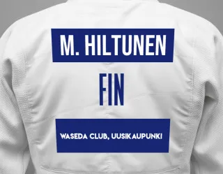 Judo GI with a backnumber showing the name Marko Hiltunen from Waseda Club, Uusikaupunki