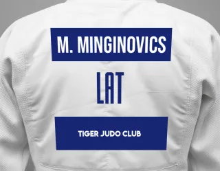 Judo GI with a backnumber showing the name Marks Minginovics from Tiger Judo Club
