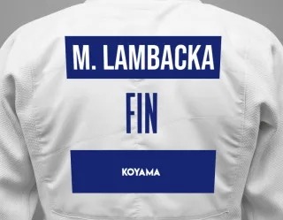 Judo GI with a backnumber showing the name Markus Lambacka from Koyama