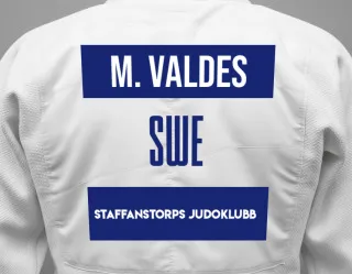 Judo GI with a backnumber showing the name Marlon J. Valdes from Staffanstorps Judoklubb