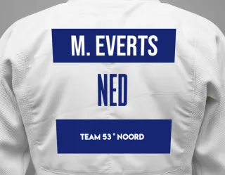 Judo GI with a backnumber showing the name Mart Everts from Team 53 ° Noord