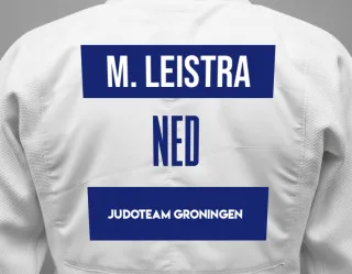 Judo GI with a backnumber showing the name Mart Leistra from Judoteam Groningen
