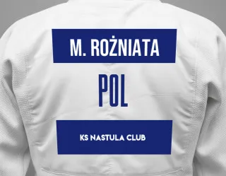 Judo GI with a backnumber showing the name Mateusz Rożniata from KS NASTULA CLUB