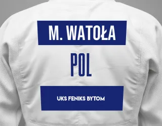 Judo GI with a backnumber showing the name Mateusz Watoła from UKS FENIKS Bytom