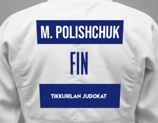 Judo GI with a backnumber showing the name Matfei Polishchuk from Tikkurilan Judokat