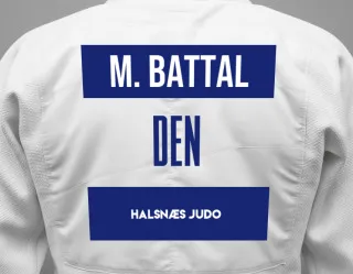 Judo GI with a backnumber showing the name Mathias Battal from Halsnæs Judo