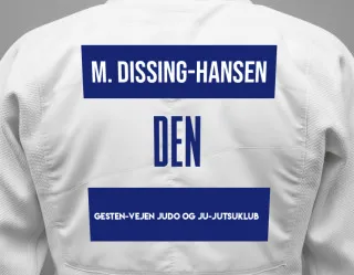 Judo GI with a backnumber showing the name Mathias Dissing-Hansen from Gesten-Vejen Judo og Ju-jutsuklub