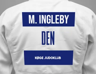 Judo GI with a backnumber showing the name Mathias Ingleby from Køge Judoklub