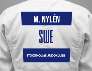 Judo GI with a backnumber showing the name Mathias Nylén from Stockholms Judoklubb